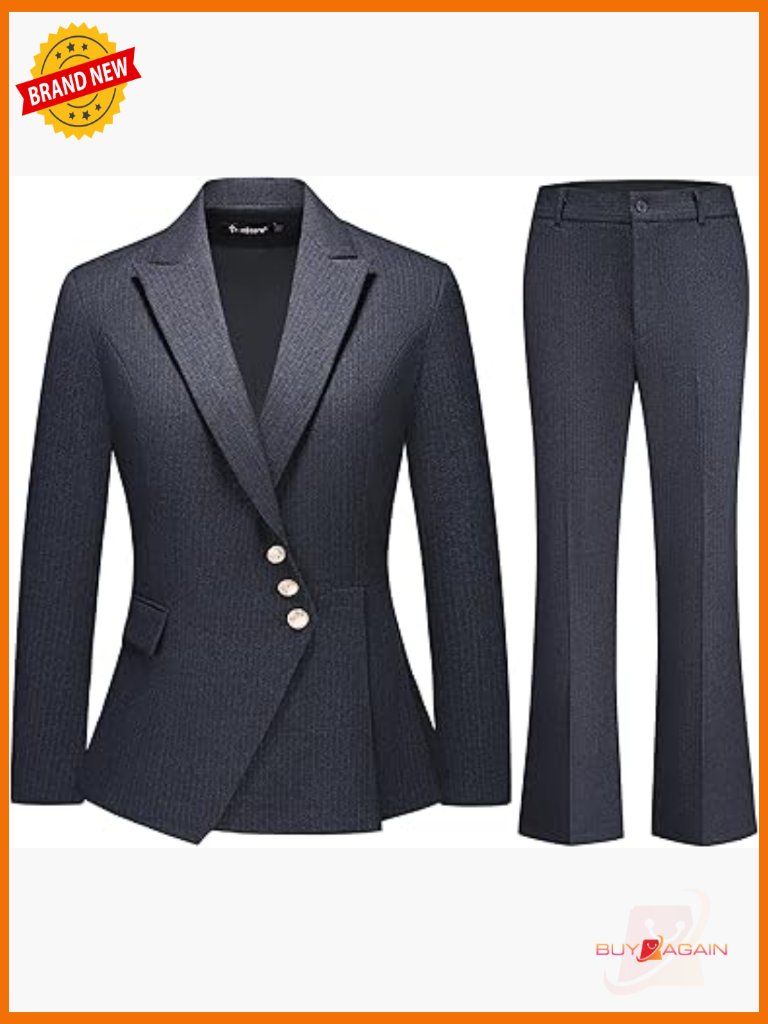 Women's 2 Piece Pinstripe Suit Set - Slim Fit Asymmetric Blazer & Bootcut Pants